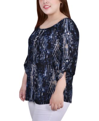 Plus Size 3/4 Push Tab Round Neck Henley Top