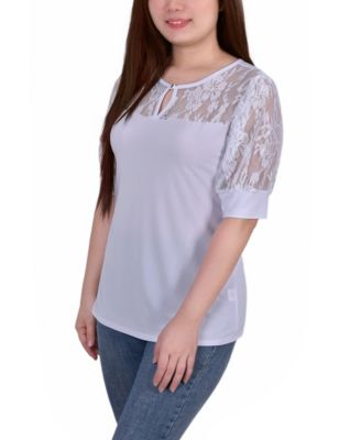 Women's Short Puff Sleeve Top with Lace Sleeves and Yoke