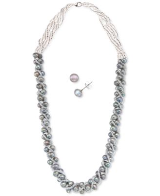 Cultured Freshwater Pearl Woven Necklace (4mm) & Stud Earrings (6mm) Set in Sterling Silver