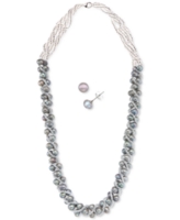 Cultured Freshwater Pearl Woven Necklace (4mm) & Stud Earrings (6mm) Set in Sterling Silver - Gray