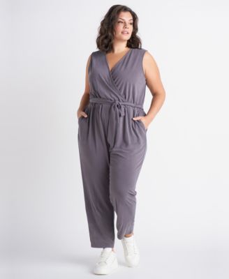 Black Tape - Trendy Plus Size Belted Sleeveless Jumpsuit