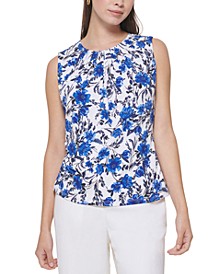Sleeveless Floral Pleat Neck Top