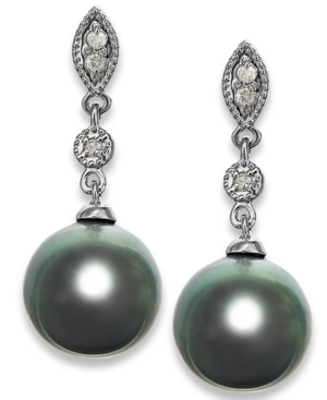 image of Tahitian Pearl (8mm) and Diamond Accent Earrings in 14k White Gold