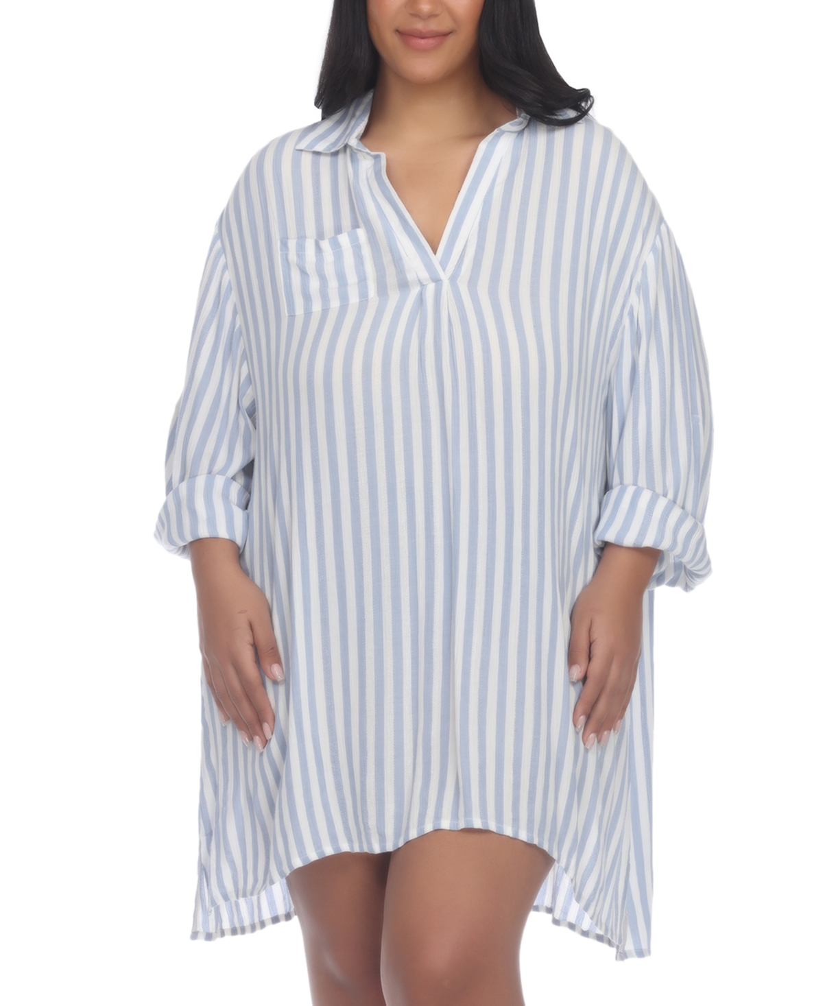 Plus Size Striped Tunic Shirt Cover-Up - Chambray Blue
