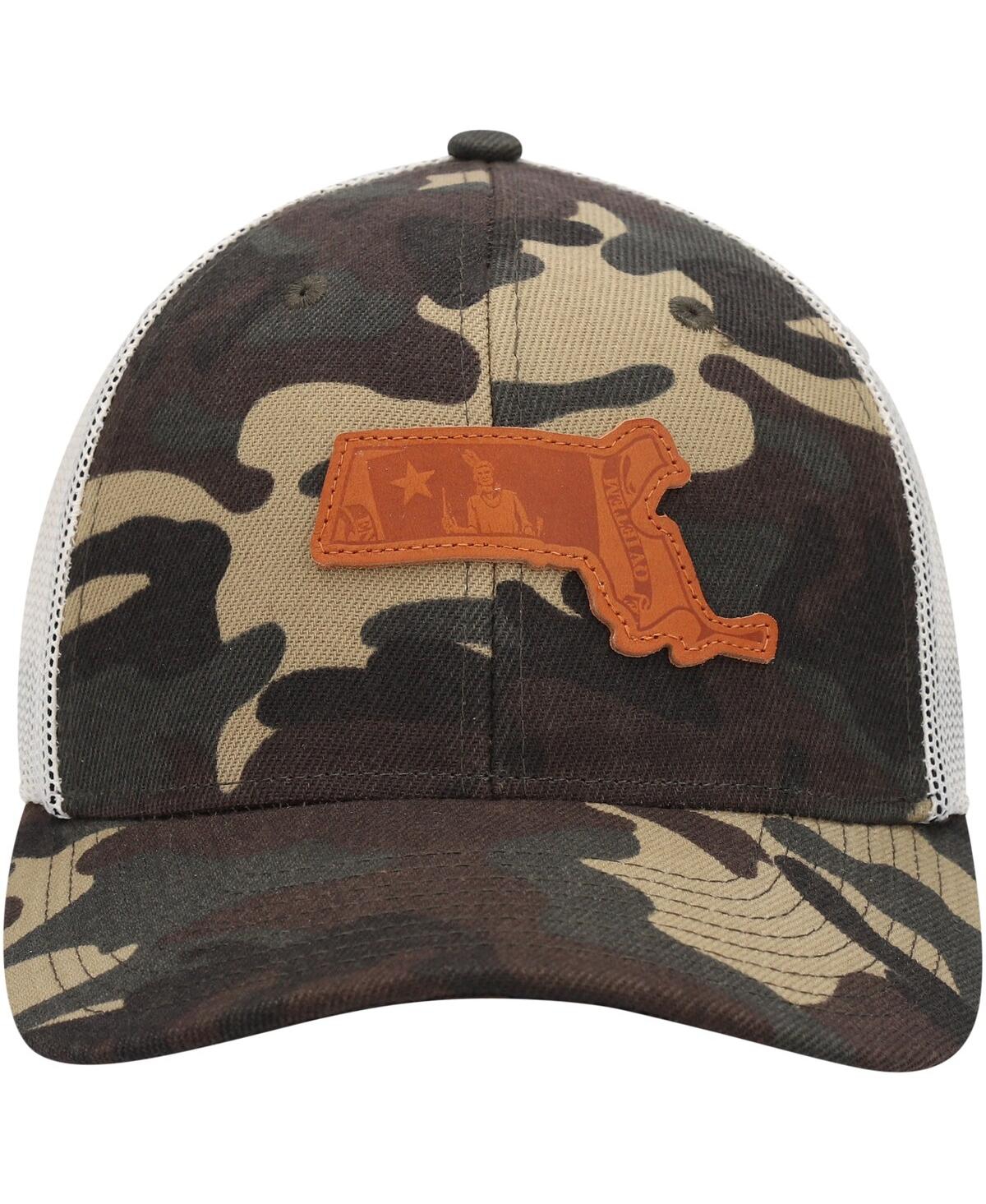 Shop Local Crowns Men's  Camo Massachusetts Icon Woodland State Patch Trucker Snapback Hat