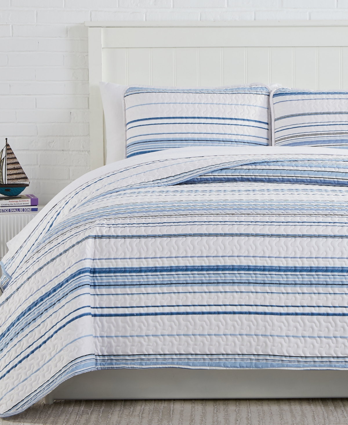 Southshore Fine Linens Southshore Stripe Quilt And Sham 3 Piece Set, Full Or Queen In Blue