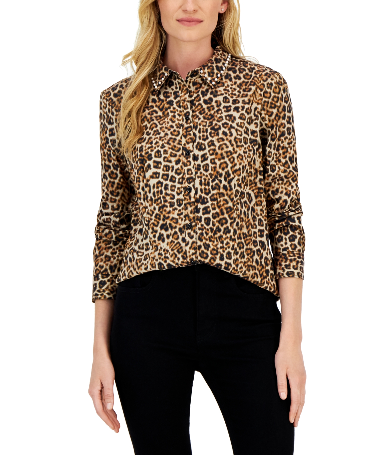 Charter Club Women's Embellished Leopard Buttoned Top, Created for Macy's