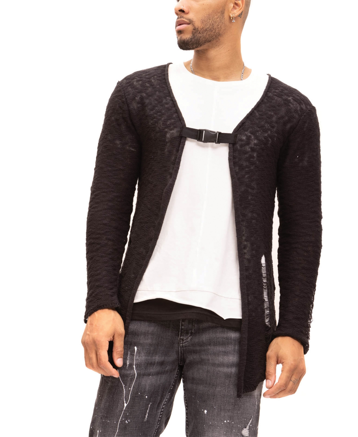 Men's Modern Buckled Long Cardigan Sweater - Black