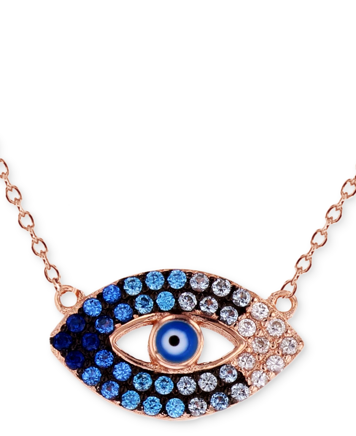 Macy's Cubic Zirconia & Enamel Evil Eye Pendant Necklace In 14k Rose Gold-plated Sterling Silver, 16" + 1" In Medium Blu