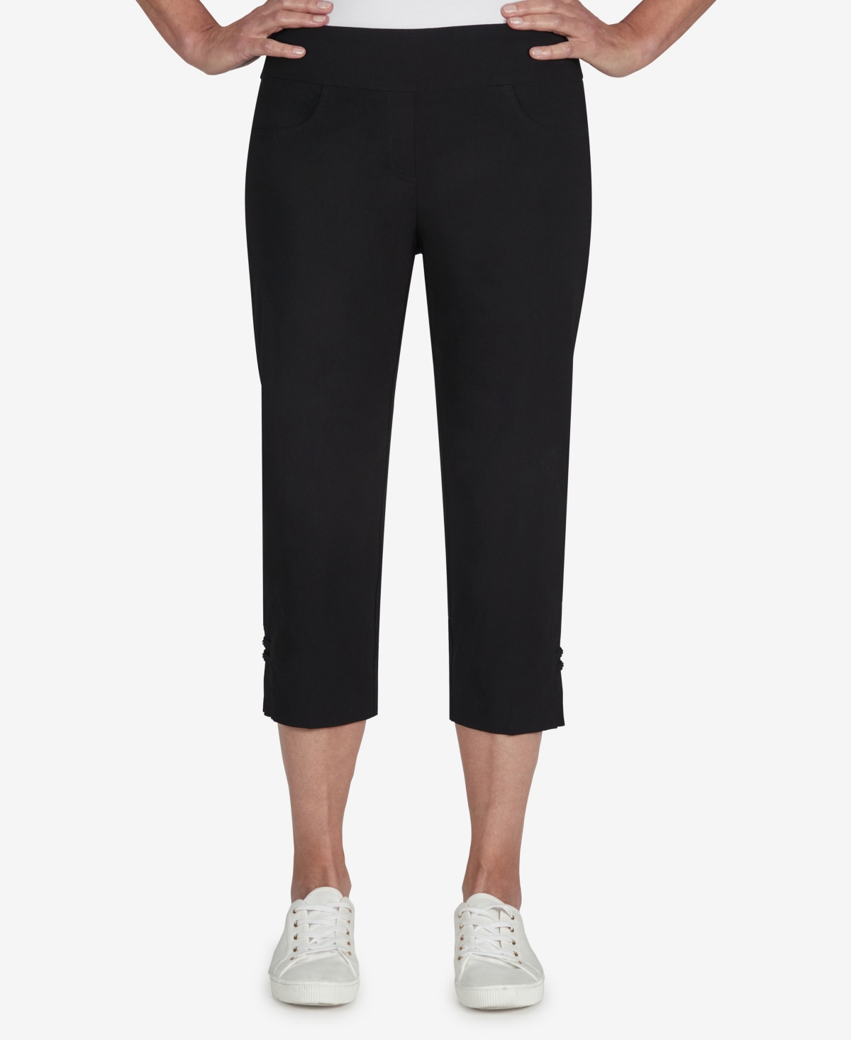 Hearts Of Palm Plus Size Essentials Solid Pull-on Capri Pants With Detailed Split Hem In Black
