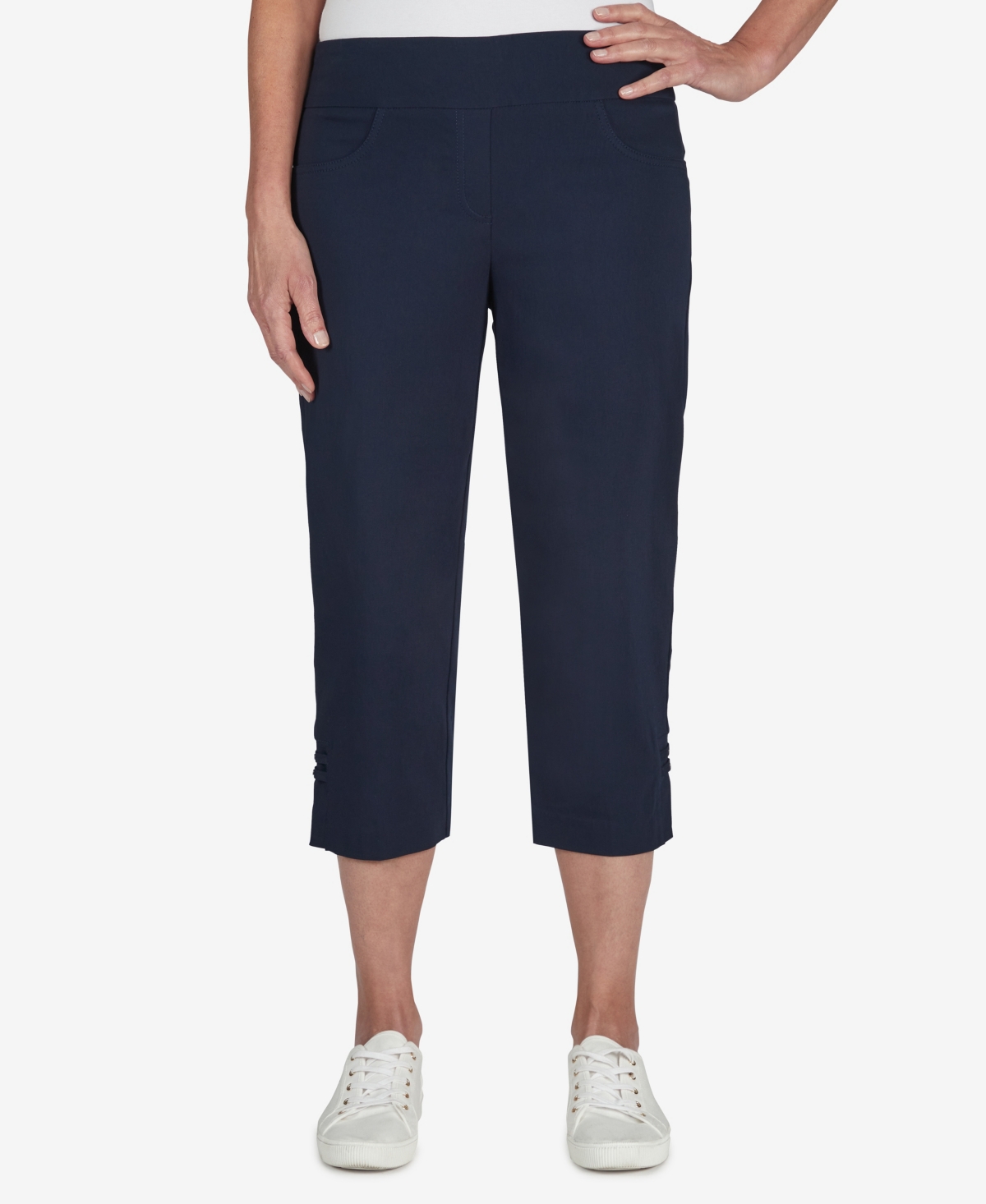 Shop Hearts Of Palm Plus Size Essentials Solid Pull-on Capri Pants With Detailed Split Hem In Navy