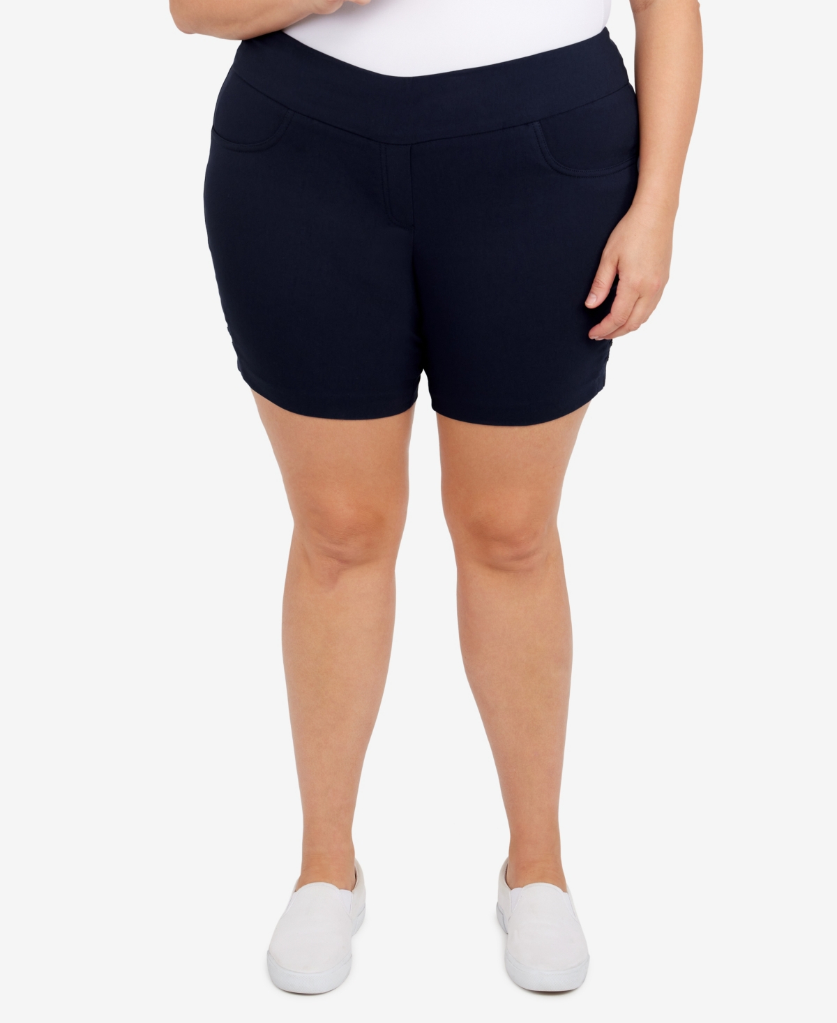 Shop Hearts Of Palm Plus Size Essentials Solid Color Tech Stretch Shorts With Elastic Waistband In Navy