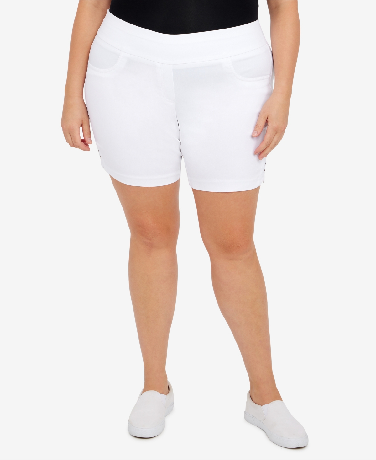 Hearts Of Palm Plus Size Essentials Solid Color Tech Stretch Shorts With Elastic Waistband In White
