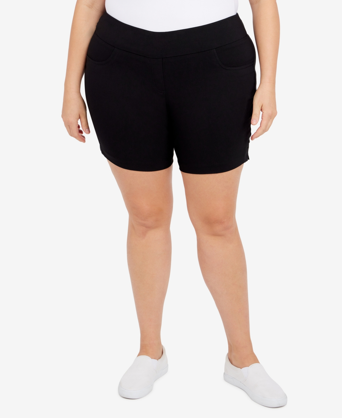 Hearts Of Palm Plus Size Essentials Solid Color Tech Stretch Shorts With Elastic Waistband In Black