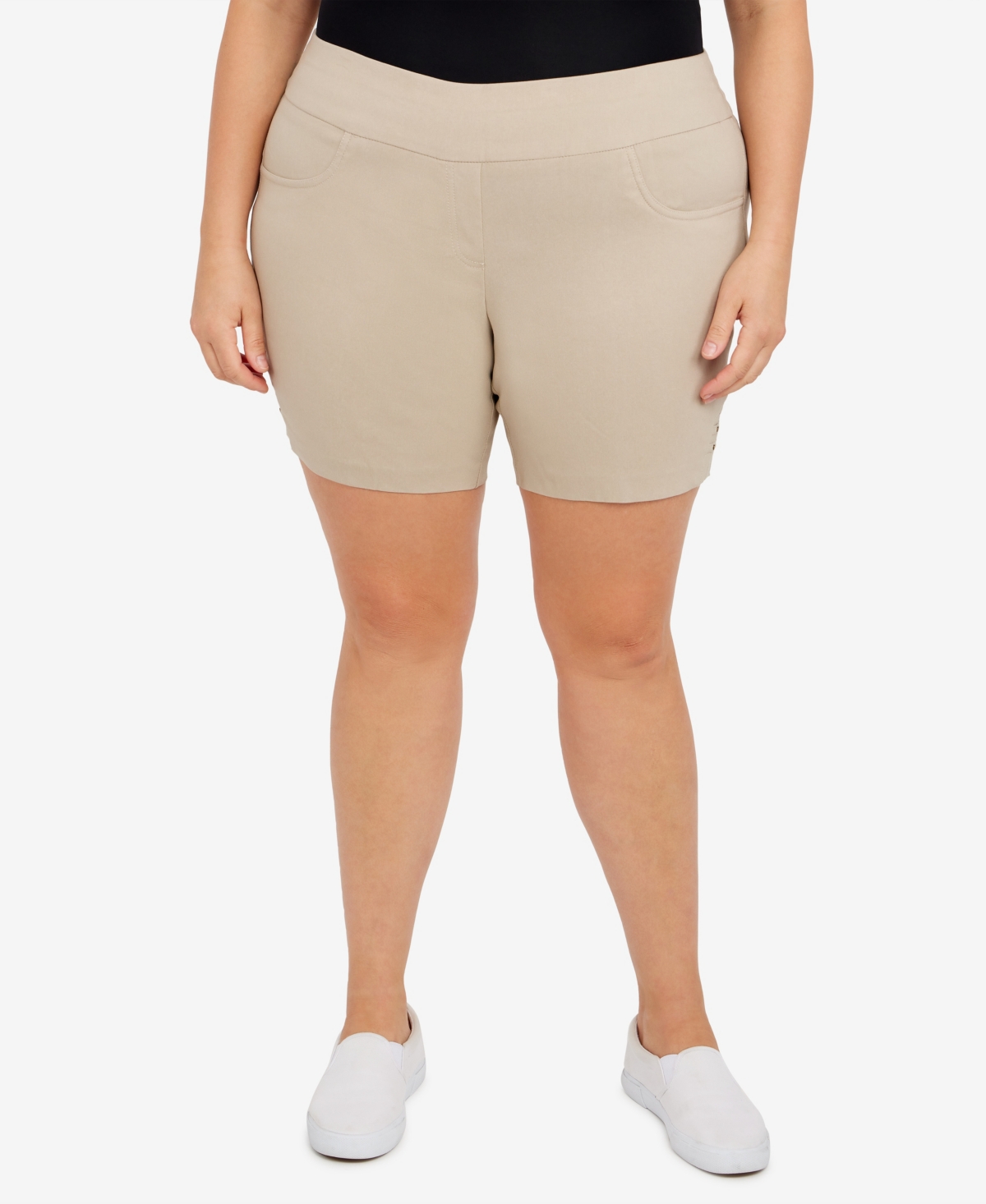 Shop Hearts Of Palm Plus Size Essentials Solid Color Tech Stretch Shorts With Elastic Waistband In Chino