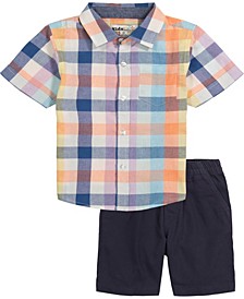 Little Boys 2 Piece Short Sleeve Check Pattern Shirt and Twill Shorts Set