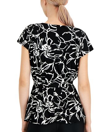 Alfani Women's Printed V Neck High Low Top Black Size 2X