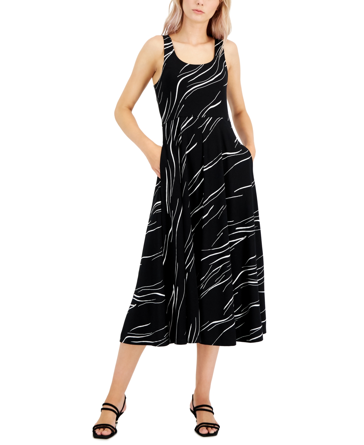 Alfani Women's Sleeveless Midi Dress, Created For Macy's In Black Linear Breeze