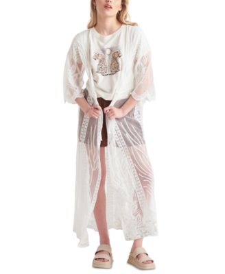Sheer Embroidered Long Kimono Cover 
