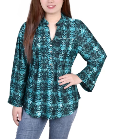Petite Size Long Sleeve Jacquard Knit Y-neck Top - Teal Plaid