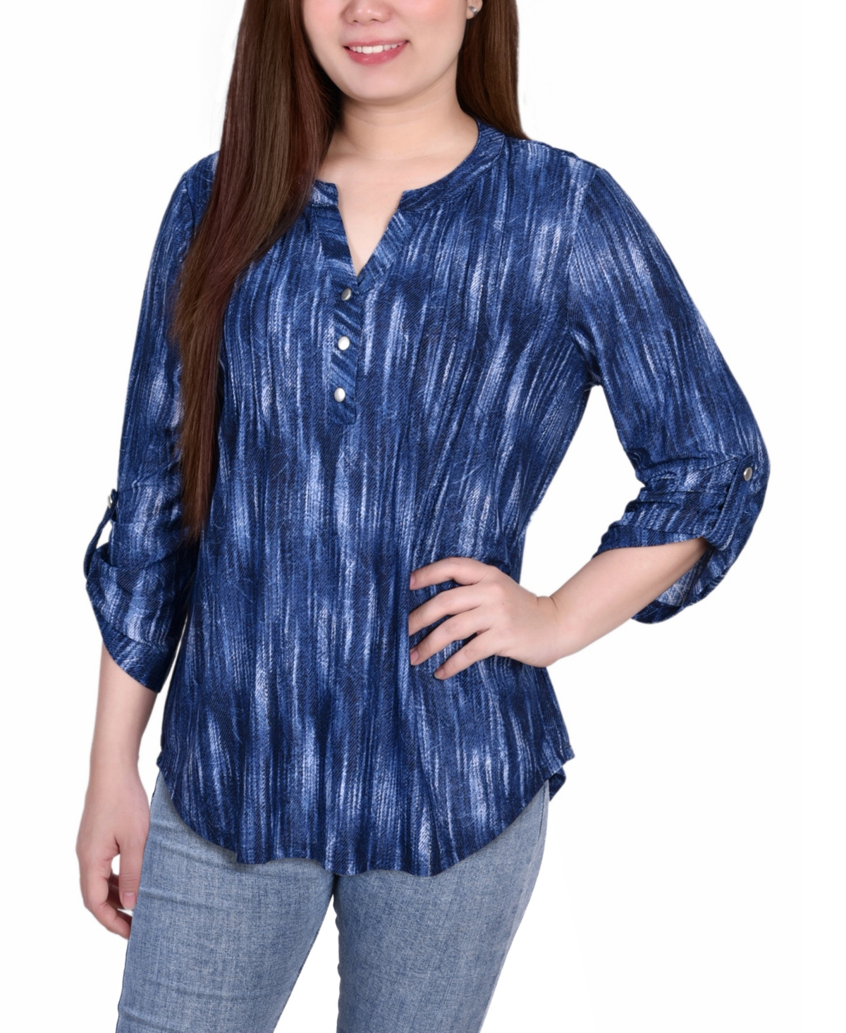 Ny Collection Petite 3/4 Sleeve Roll Tab Y-neck Pullover Top In Denim Tiedye