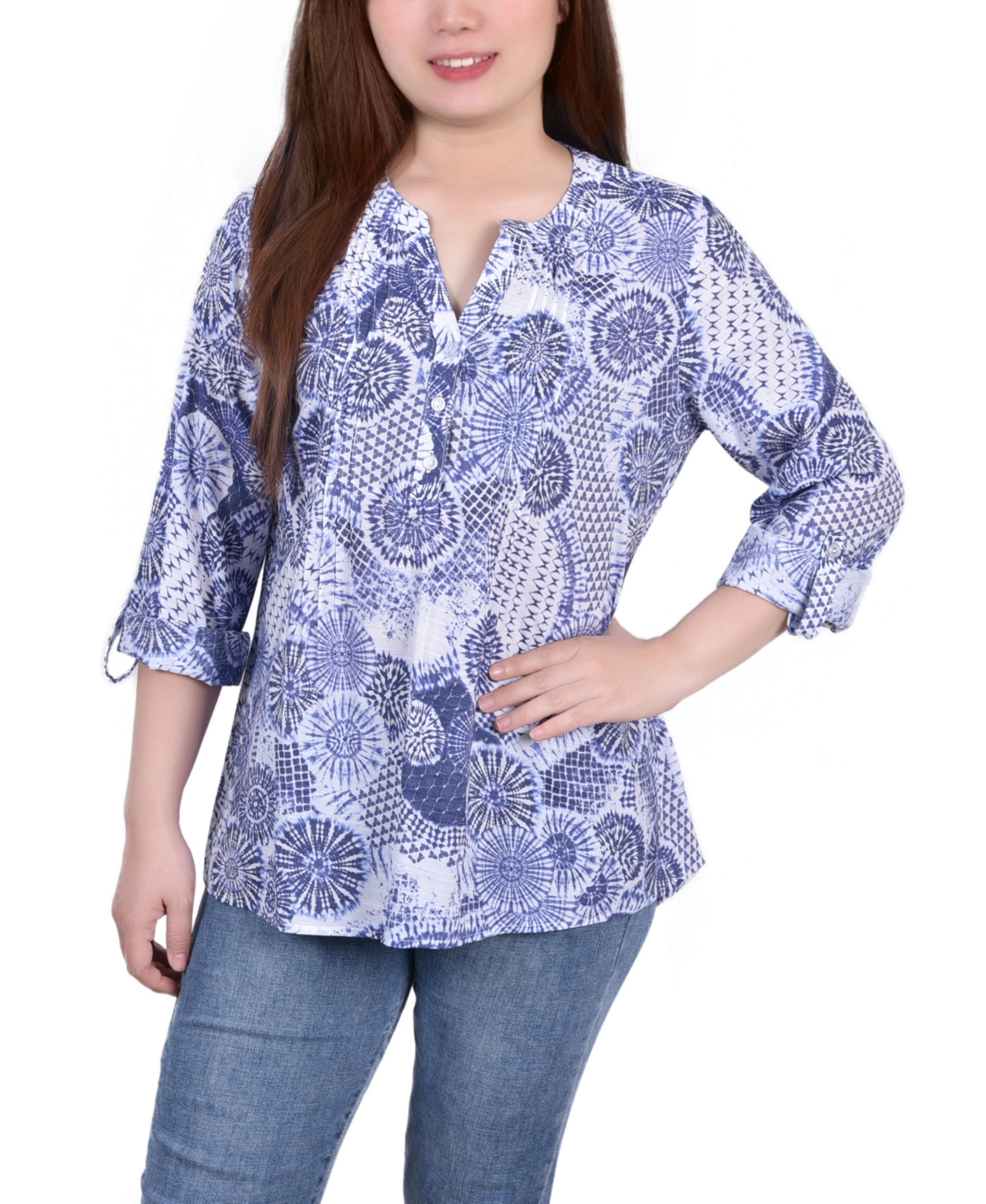 Ny Collection Women's Missy 3/4 Roll Tab Sleeve Blouse Top In Blue Floral Stamp