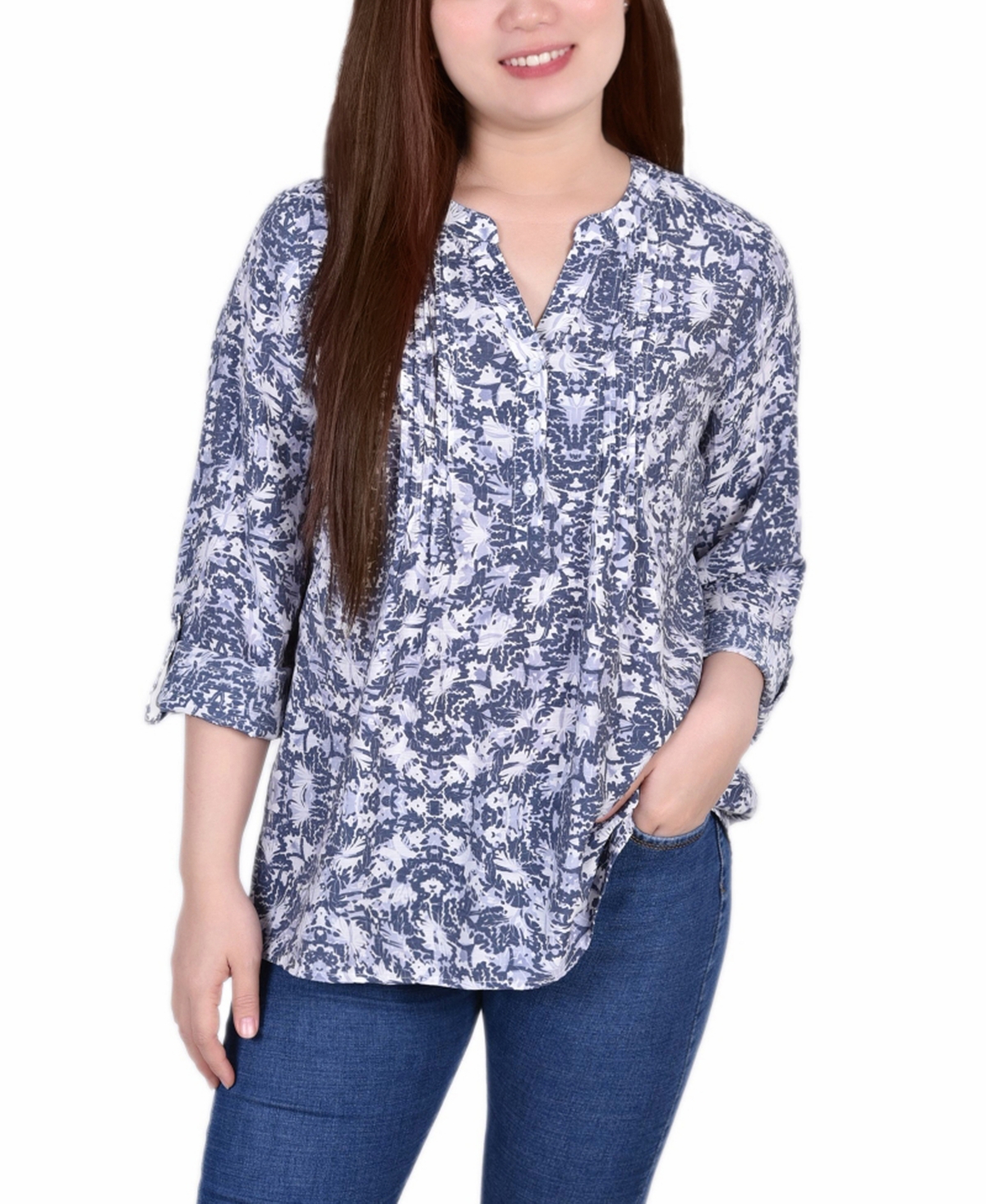 NY COLLECTION PETITE SIZE 3/4 ROLL TAB SLEEVE BLOUSE TOP