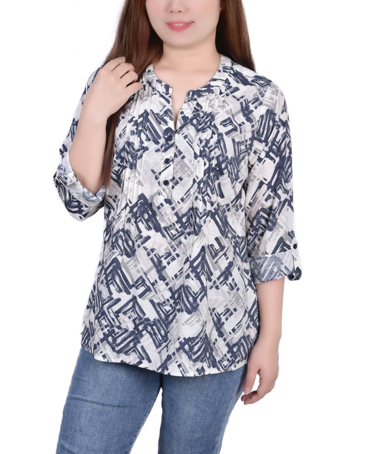 Ny Collection Women's Missy 3/4 Roll Tab Sleeve Blouse Top In Neutral Acutelines