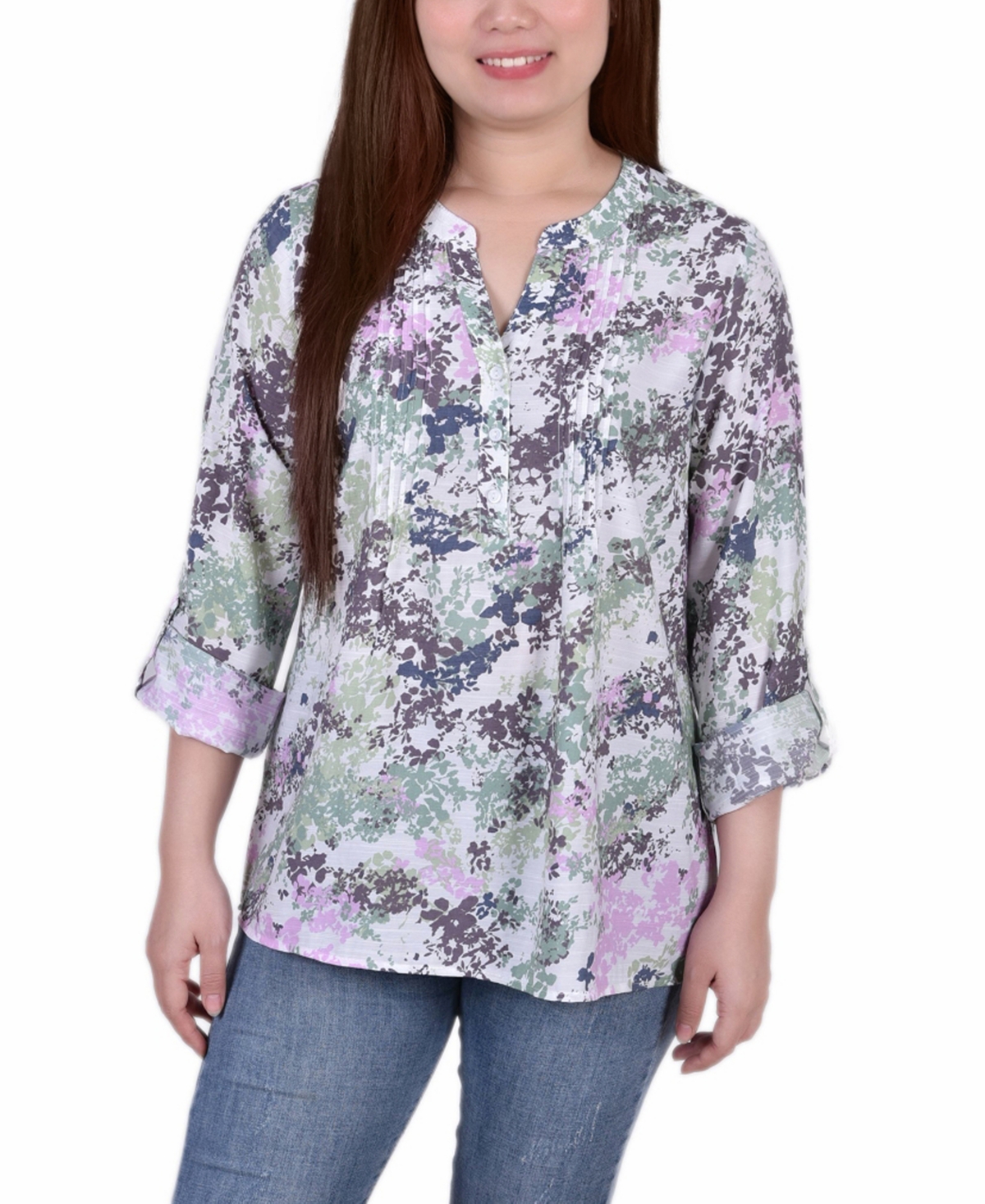Ny Collection Women's Missy 3/4 Roll Tab Sleeve Blouse Top In Tiedye Floral