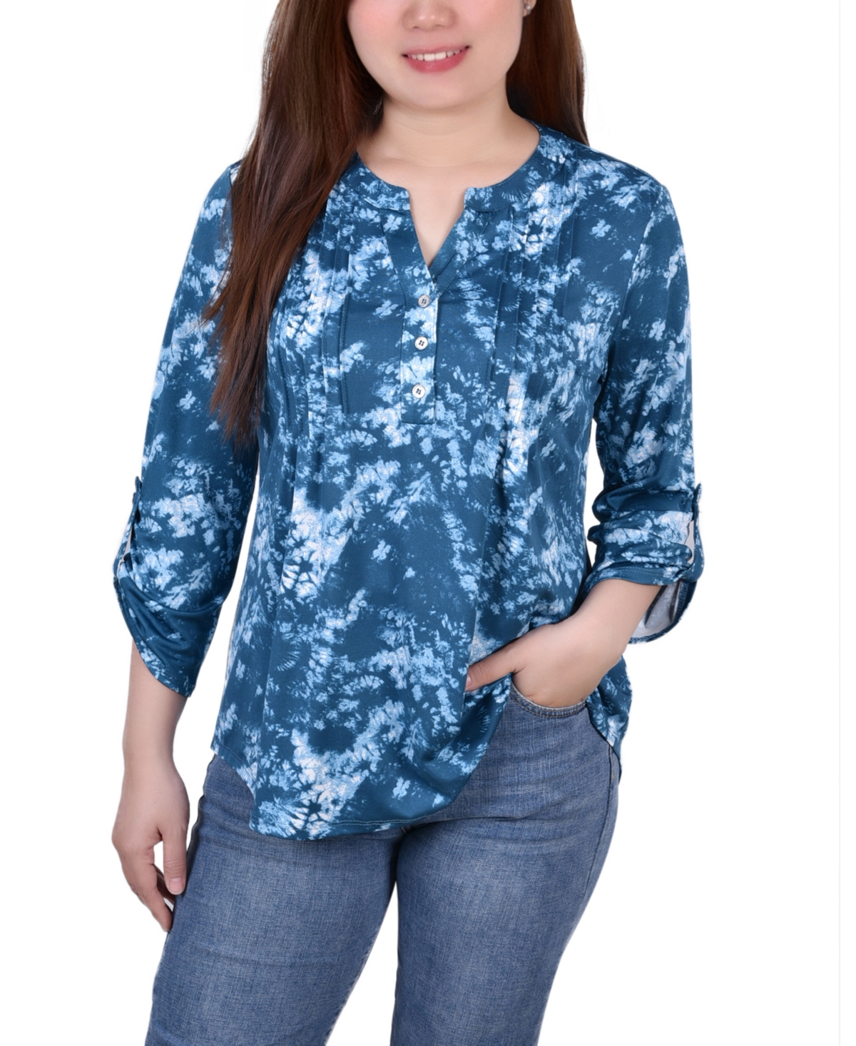 Ny Collection Petite Knit Jacquard 3/4 Sleeve Roll Tab Pintuck Top In Peacock Blue Tiedye
