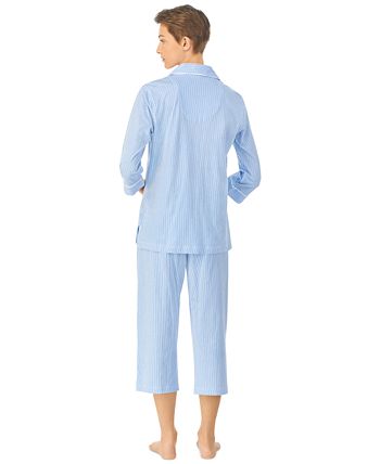 Lauren Ralph Lauren Striped Jersey Notch Collar 3/4 Sleeve Pajama Set