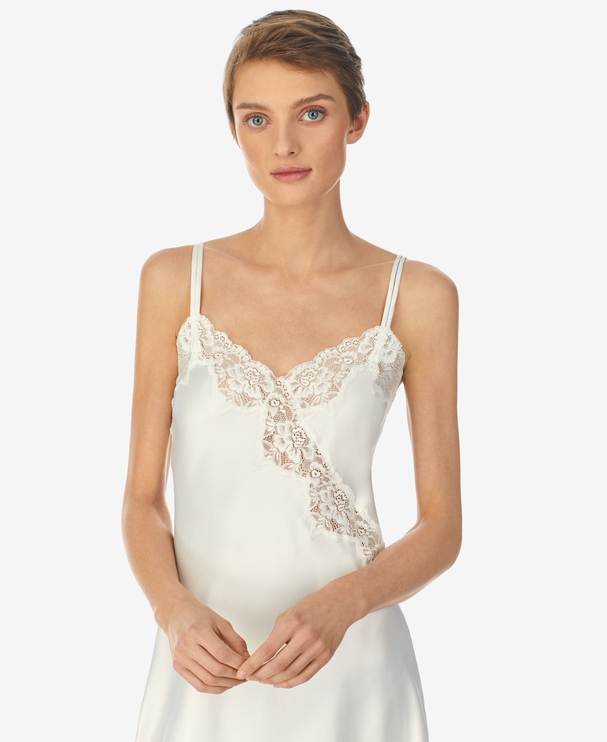 Shop Lauren Ralph Lauren Lace-trim Satin Chemise Nightgown Lingerie In Ivory