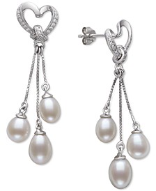 Cultured Freshwater Pearl (6-7mm) & Cubic Zirconia Heart Drop Earrings in Sterling Silver