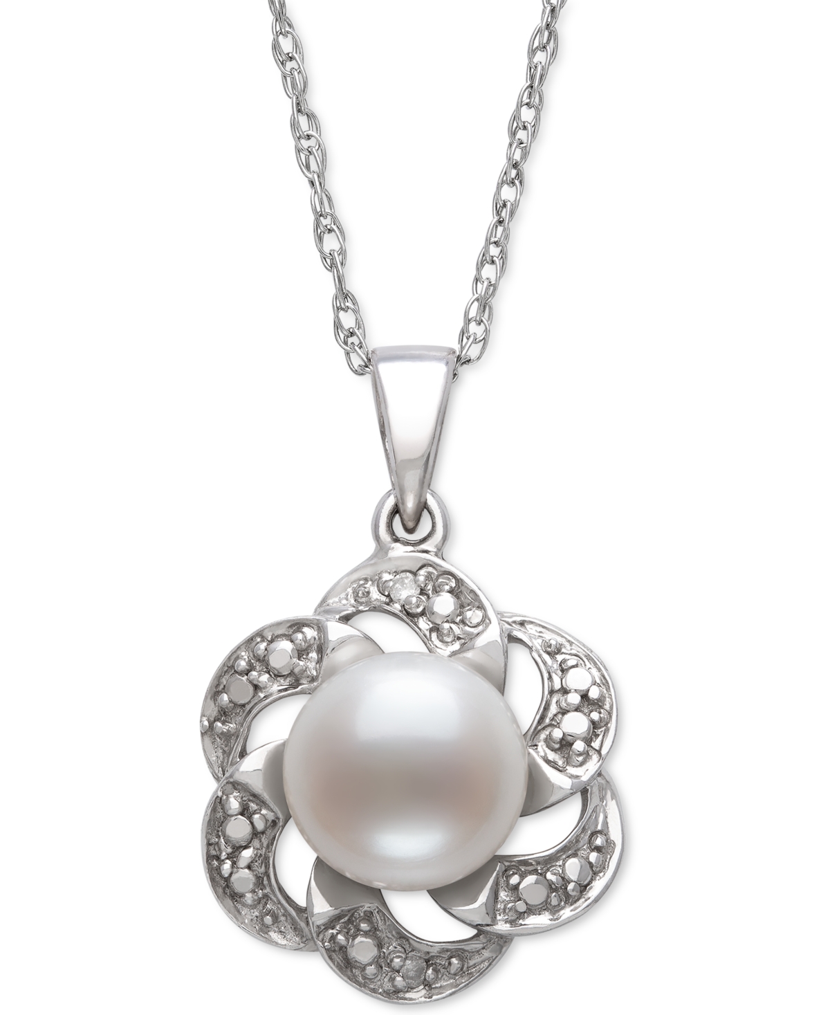 Belle De Mer Cultured Freshwater Button Pearl (8mm) & Diamond Accent Flower 18" Pendant Necklace In In Sterling Silver