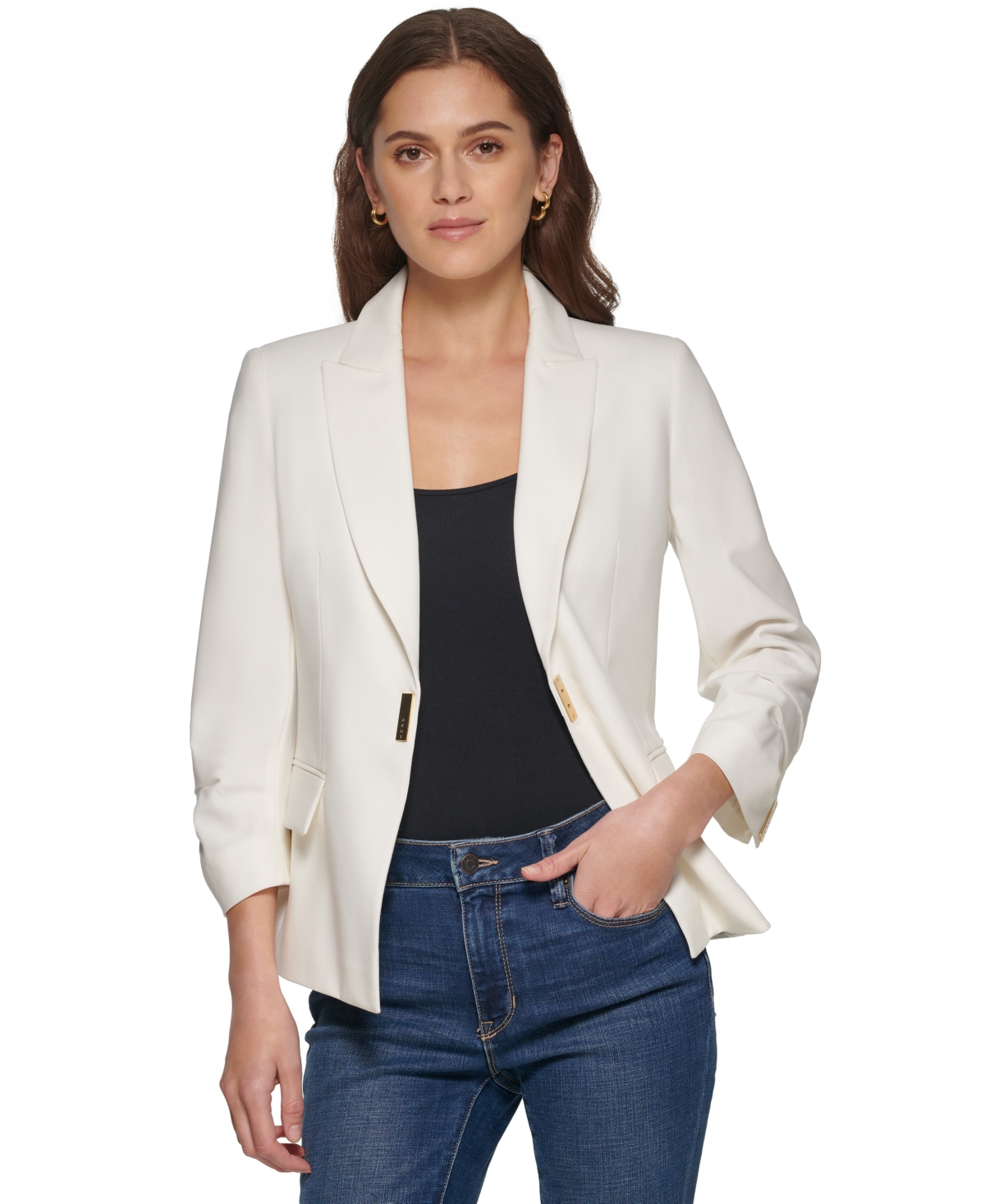 Dkny Women's Ruched-sleeve Logo Jacket In Linen White | ModeSens