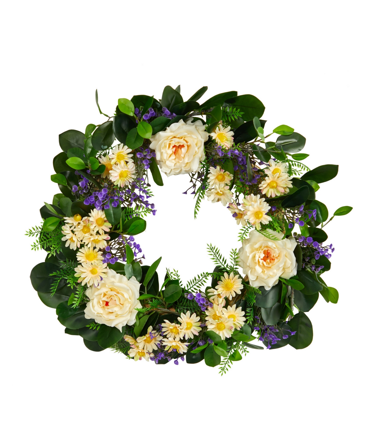 Nearly Natural Mixed Rose And Daisy Artificial Wreath, 22" In White