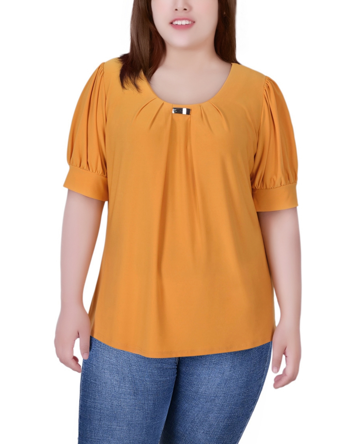 Ny Collection Plus Size Short Sleeve Balloon Sleeve Top With Hardware In Golden Glow