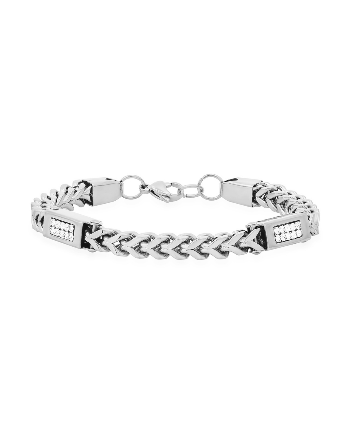 Men's Stainless Steel Wheat Chain and Simulated Diamonds Link Bracelet - Silver-tone