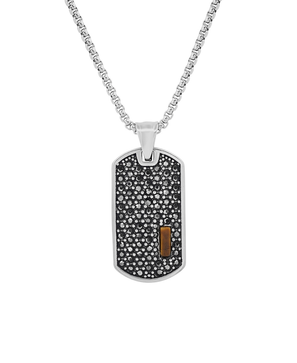 Men's Stainless Steel Simulated Diamonds and Tiger Eye Dog Tag Pendant - Silver-tone