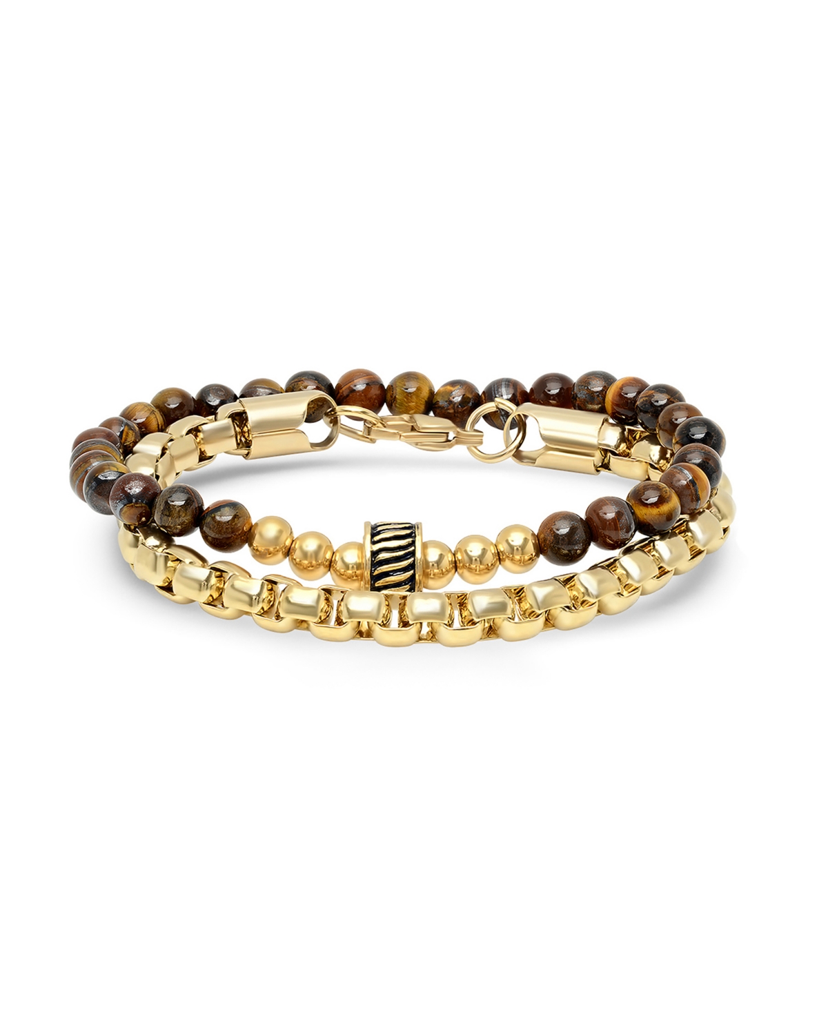 Men's 2 Pieces 18k Gold Plated Stainless Steel Rounded Box Chain Bracelet and Tiger Eye Beaded Bracelet Set - Gold Plated