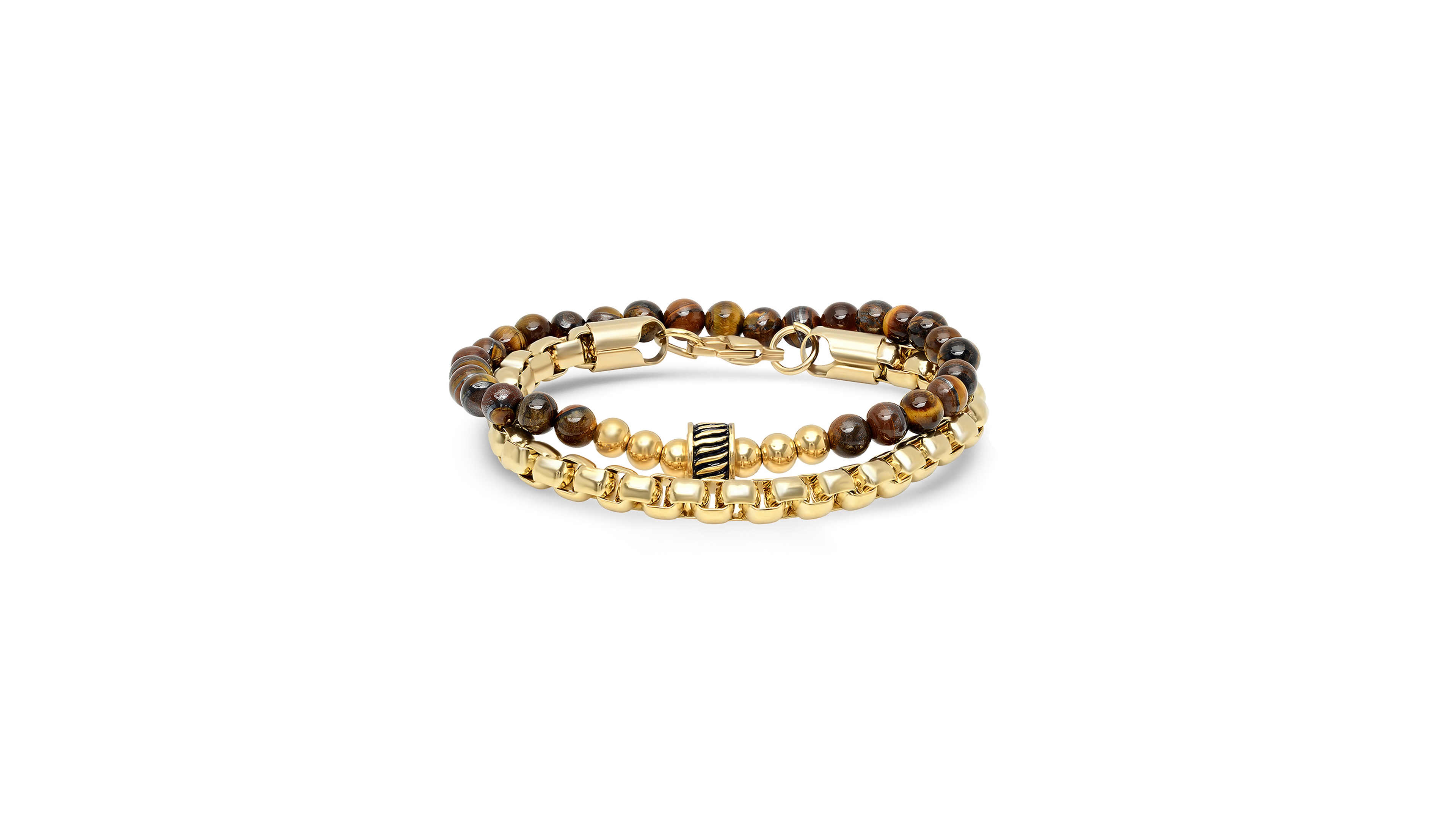 Steeltime Men's 2 Pieces 18k Gold Plated Stainless Steel Rounded Box Chain Bracelet and Tiger Eye Beaded Bracelet Set