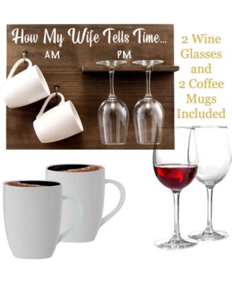 How My Wife Tells Time Wall Mounted Wine Rack with Glasses and Coffee Mugs, Set of 5