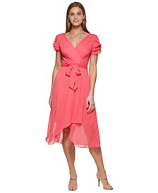 Tiered-Sleeve Faux-Wrap Dress