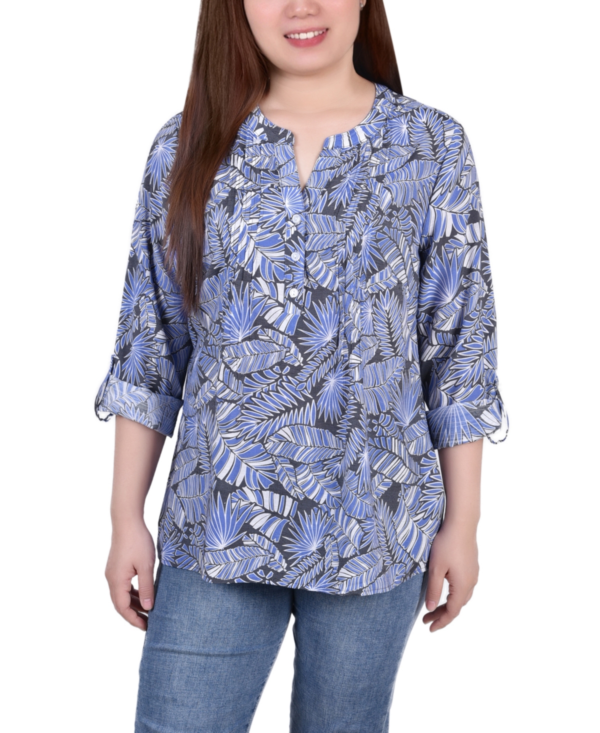 Ny Collection Plus Size Long Roll Tab Sleeve Pintuck Front Blouse In Royal Tropical Leaf