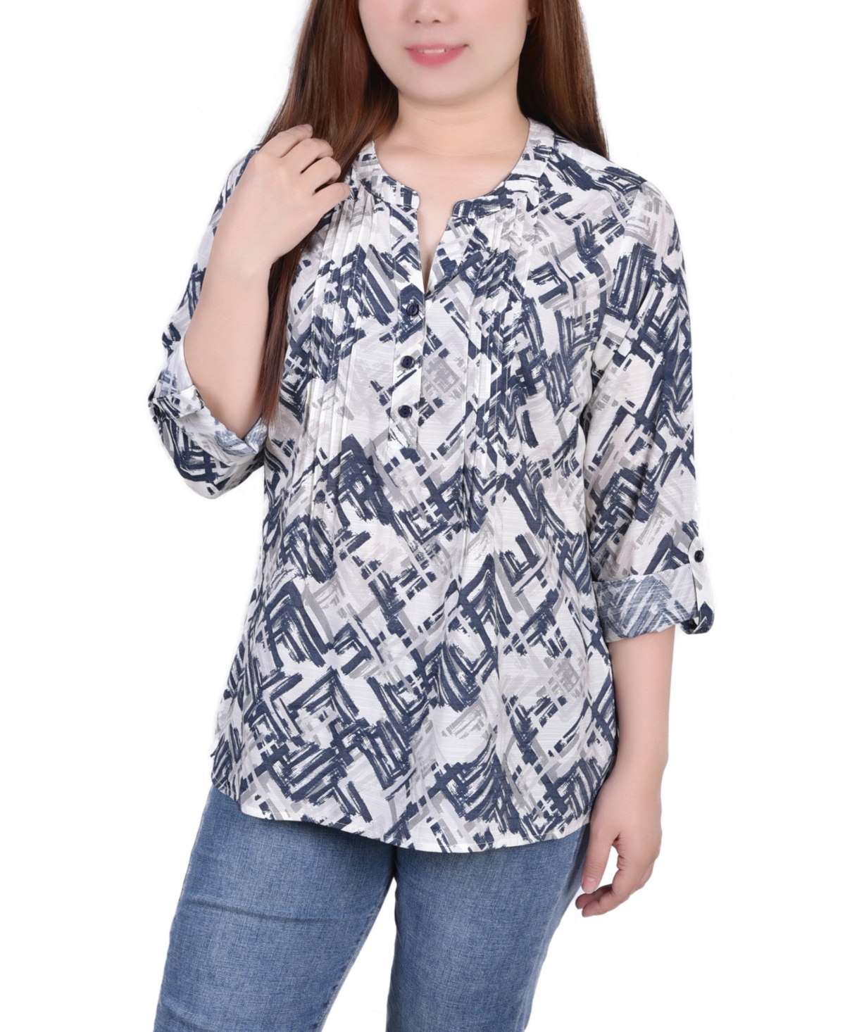 Ny Collection Women's Missy 3/4 Roll Tab Sleeve Blouse Top In Neutral Acutelines