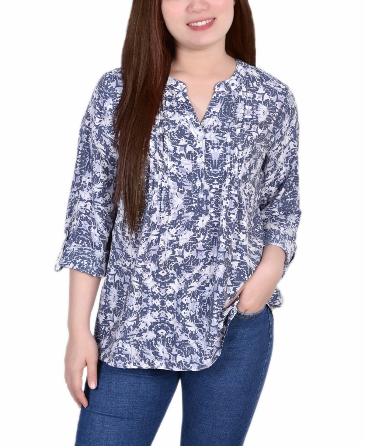 Ny Collection Plus Size Long Roll Tab Sleeve Pintuck Front Blouse In Navy Skyterrace