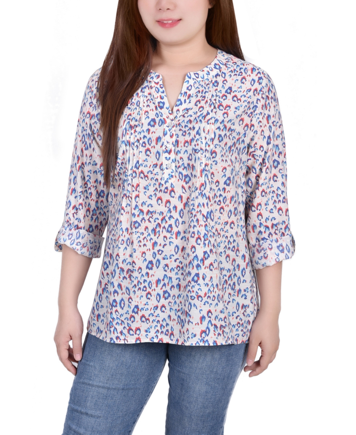 Shop Ny Collection Women's Missy 3/4 Roll Tab Sleeve Blouse Top In Natural Peacock