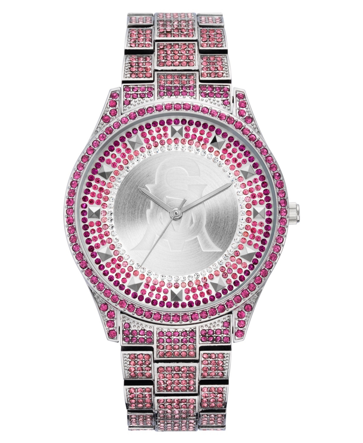Steve Madden Women's Silver-tone Metal Bracelet And Accented With Pink Crystals Watch, 40mm In Silver-tone,pink
