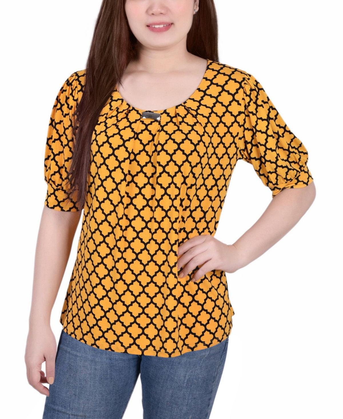 Ny Collection Petite Size Short Sleeve Balloon Sleeve Top In Golden-tone Black