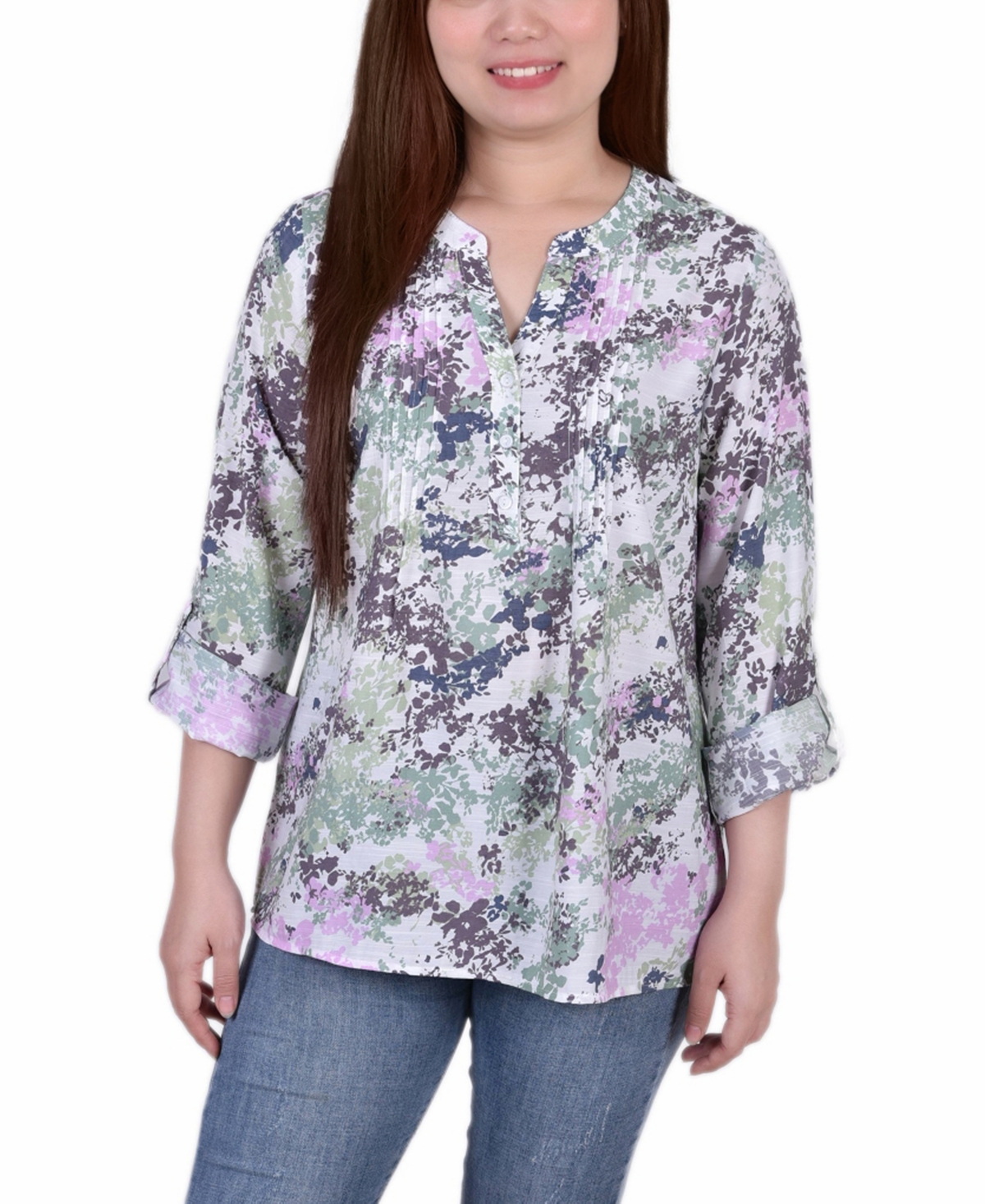 Ny Collection Women's Missy 3/4 Roll Tab Sleeve Blouse Top In Tie Dye Floral